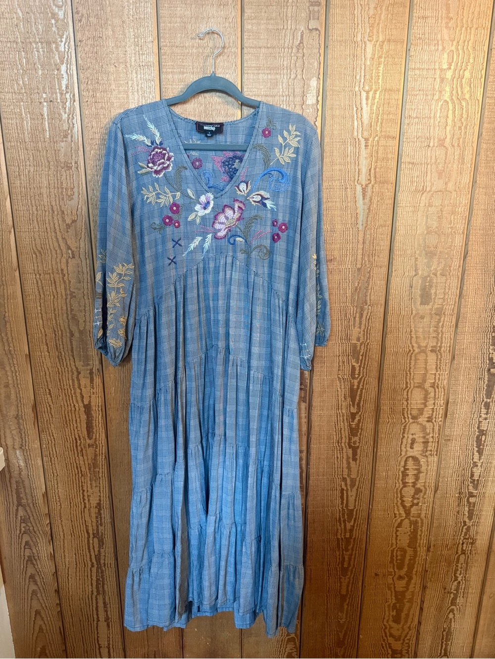 Johnny Was Workshop Navy Blue Plaid Embroidered V-Neck Women’s Dress